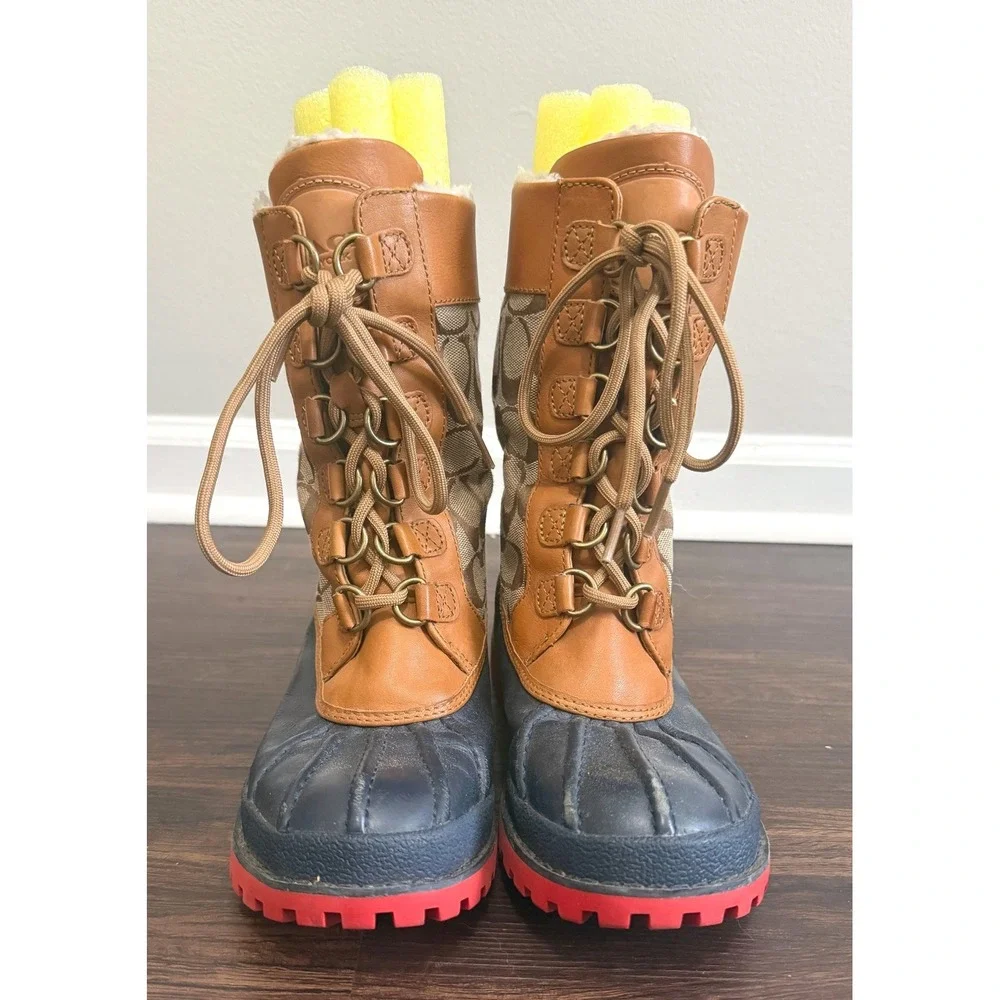 Coach Women's Laura Brown Leather Signature Monogram Lace Up Duck Boots Size 6.5